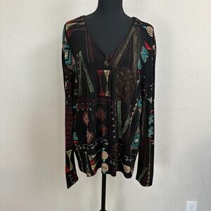 Chicos Cardigan XL Black Colorful Slinky Knit Boho Tribal Geometric Acetate